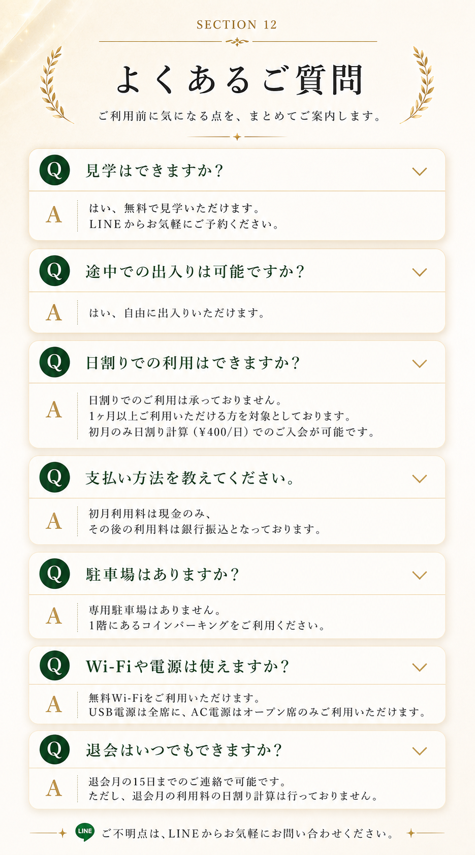 よくあるご質問。見学、途中出入り、日割り、支払い方法、駐車場、Wi-Fiと電源、退会について。